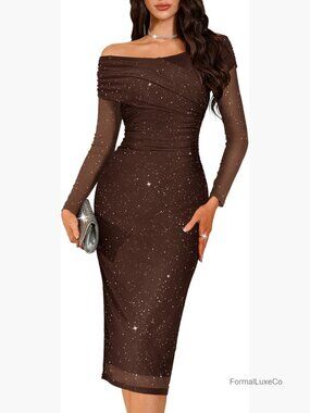 Sparkly Off Shoulder Formal Cocktail Sequin Mesh Dress Long Sleeve
